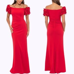 Xscape Red Off Shoulder Ruffle Sleeve Ruched Evening Gown Women's Size 16W NEW